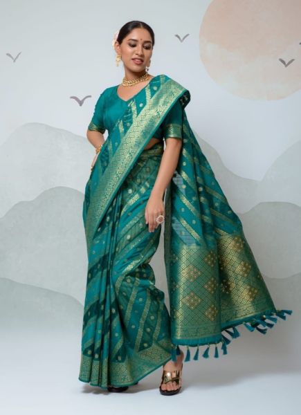 Teal Blue Pure Dola Organza With Sequins-Work Festive Saree