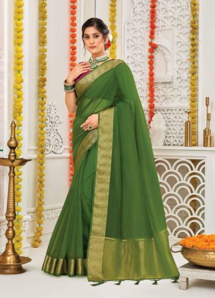 Parrot Green Organza Silk Weaving Festive-Wear Pattu Sarees (Temple-Border)