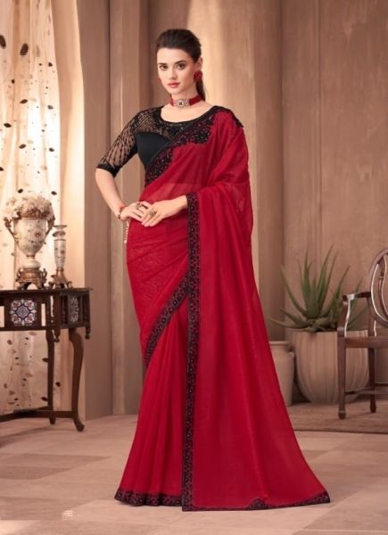 Red Silk Embroidered Party-Wear Boutique Saree