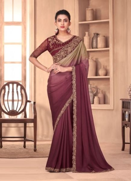 Light Wine Silk Embroidered Party-Wear Boutique Saree