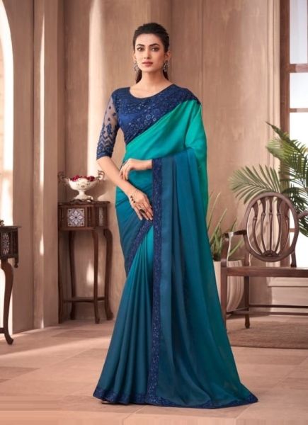 Sea Blue Silk Embroidered Party-Wear Boutique Saree