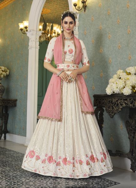 Bone White Georgette Thread, Embroidery & Sequins-Work Party-Wear Lehenga Choli With Belt