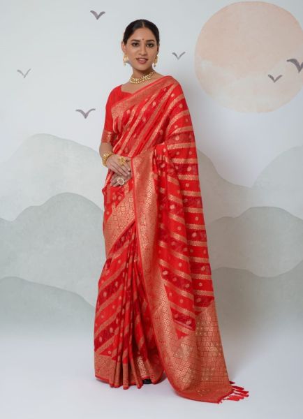 Red Pure Dola Organza With Sequins-Work Festive Saree