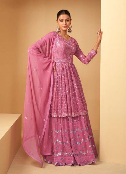 Pink Georgette Embroidered Ramadan-Special Readymade Lehenga-Bottom Salwar Kameez