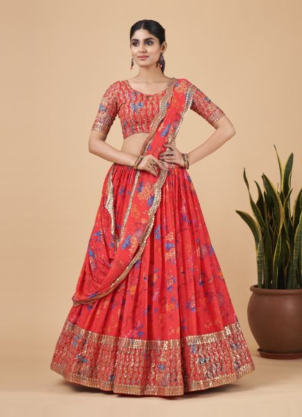Coral Red Faux Georgette With Zari, Sequins, Embroidery & Digital Printed Party-Wear Lehenga Choli
