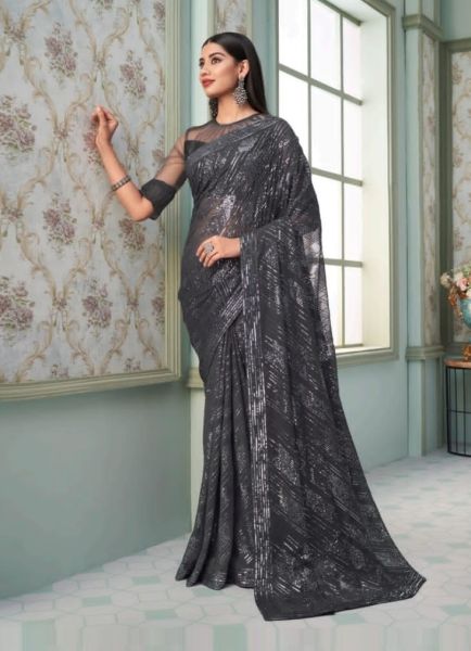Dark Gray Georgette Embroidered & Sequins-Work Festive-Wear Saree