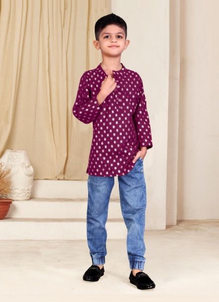 Purple Cotton Readymade Short Kurta For Boy