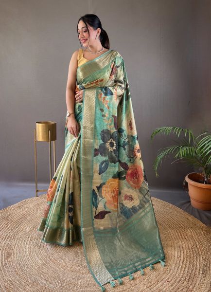 Light Teal Blue Tussar Silk Floral Digitally Printed Festive-Wear Saree