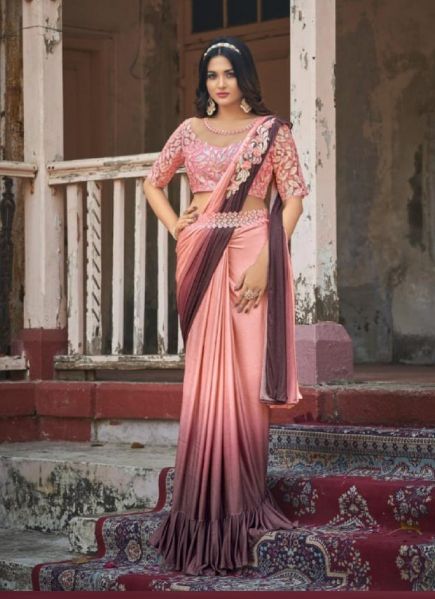 Light Coral Lycra Embroidered Party-Wear Saree With Belt