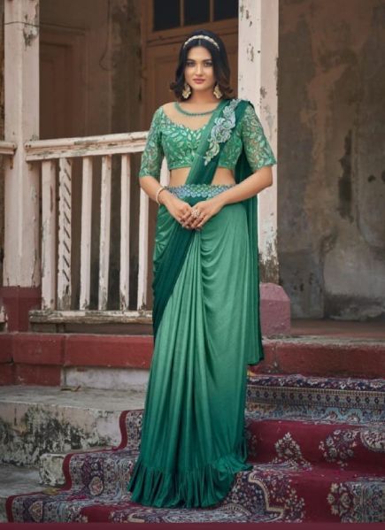 Sea Green Lycra Embroidered Party-Wear Saree With Belt