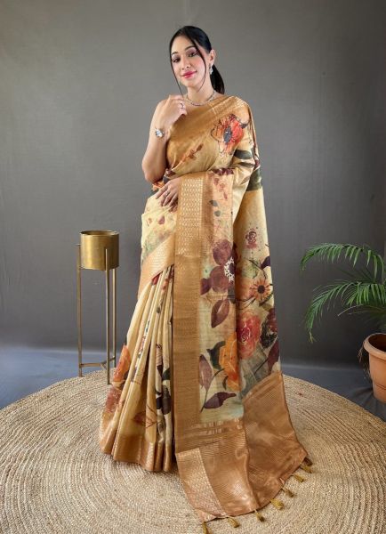 Burlywood Tussar Silk Floral Digitally Printed Festive-Wear Saree