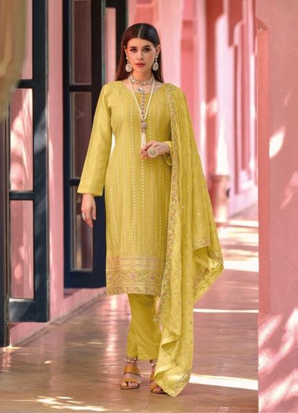Light Mustard Yellow Chinon Georgette Thread & Sequins-Work Party-Wear Salwar Kameez