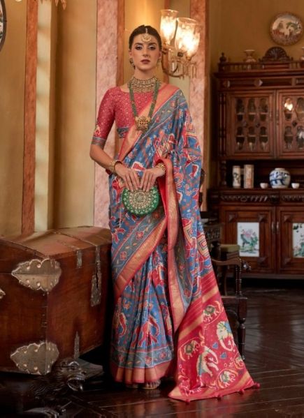 Royal Blue Tussar Silk Digital Printed Party-Wear Saree