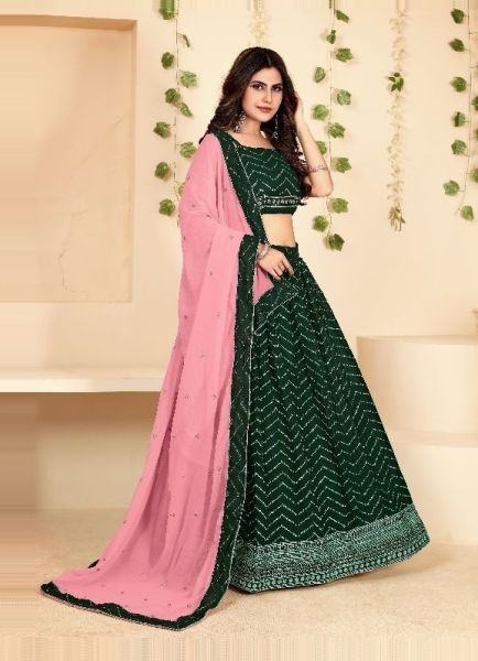 Green Georgette Embroidered Party-Wear Lehenga Choli (With Can-Can)