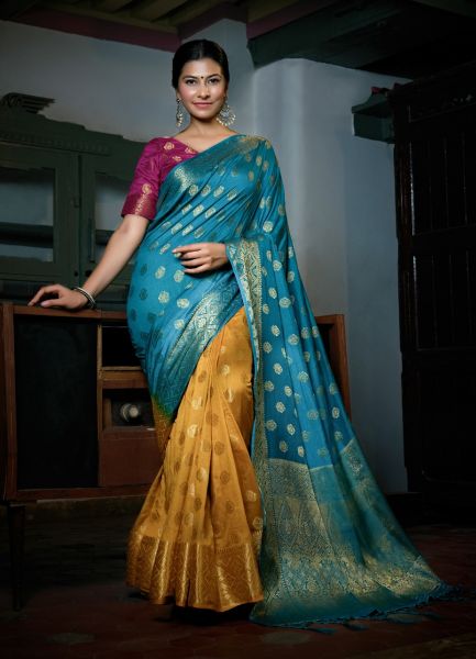 Sky Blue & Orange Banarasi Dola Silk Weaving Party-Wear Saree