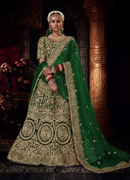 Green Velvet With Embroidery & Handwork Wedding-Wear Bridal Lehenga Choli [With Can-Can]