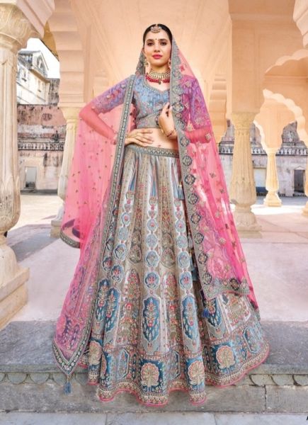 Steel Blue & Pink Silk With Handwork Wedding-Wear Bridal Lehenga Choli