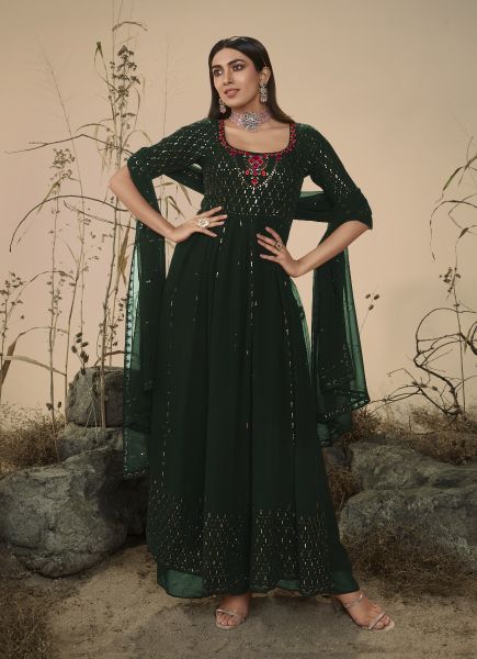Bottle Green Georgette Sequins & Thread-Work Ramadan-Special Palazzo-Bottom Readymade Salwar Kameez