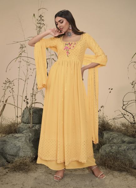 Light Yellow Georgette Sequins & Thread-Work Ramadan-Special Palazzo-Bottom Readymade Salwar Kameez
