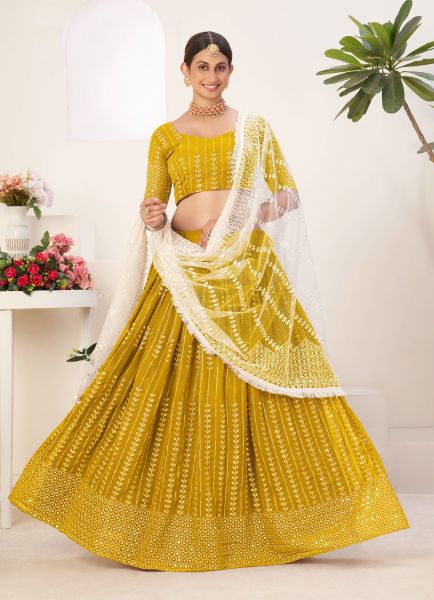 Mustard Yellow Georgette Embroidery & Sequins-Work Festive-Wear Lehenga Choli