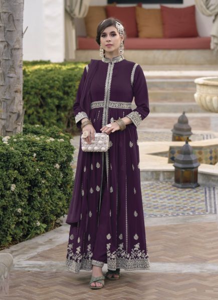 Dark Purple Georgette Embroidered Ramadan-Special Front-Slit Readymade Salwar Kameez