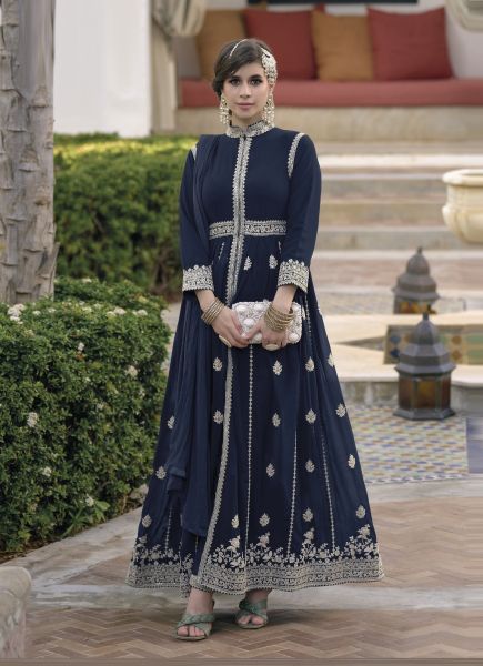 Dark Blue Georgette Embroidered Ramadan-Special Front-Slit Readymade Salwar Kameez