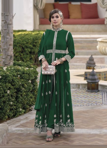 Green Georgette Embroidered Ramadan-Special Front-Slit Readymade Salwar Kameez