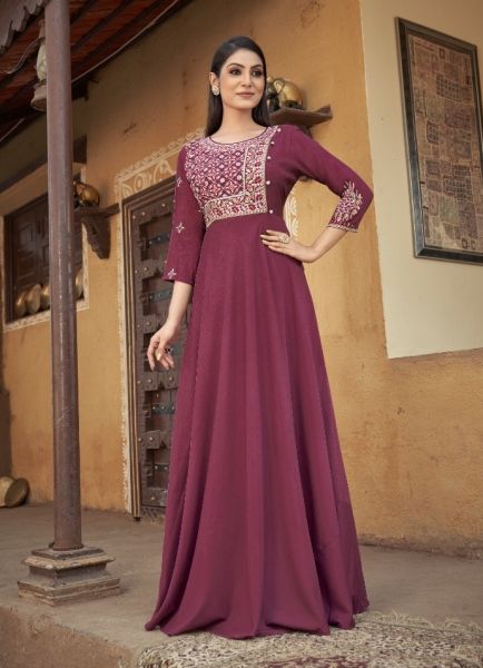 Purple Muslin Embroidered Party-Wear Floor-Length Readymade Gown
