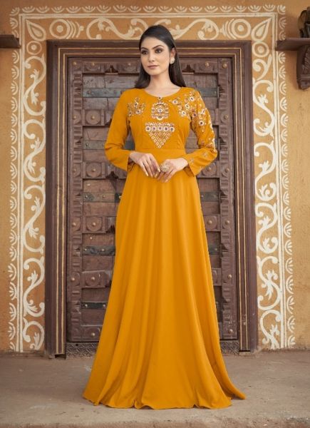 Orange Muslin Embroidered Party-Wear Floor-Length Readymade Gown
