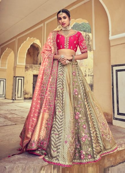 Light Brown & Magenta Silk With Zari, Embroidery & Hand-Work Wedding-Wear Bridal Lehenga Choli