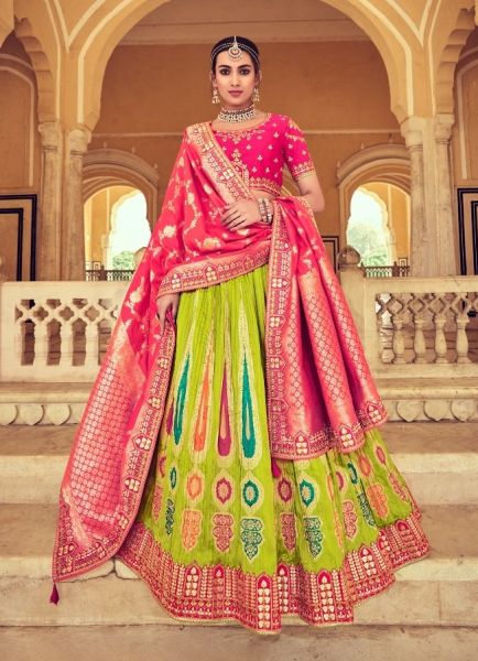 Lemon Green & Magenta Silk With Zari, Embroidery & Hand-Work Wedding-Wear Bridal Lehenga Choli