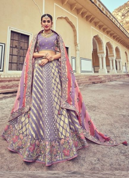 Light Lavender Silk With Zari, Embroidery & Hand-Work Wedding-Wear Bridal Lehenga Choli