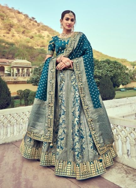 Sea Blue Silk With Zari, Embroidery & Hand-Work Wedding-Wear Bridal Lehenga Choli