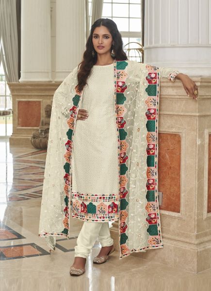 Bone White Georgette With Embroidery, Thread & Sequins-Work Party-Wear Salwar Kameez