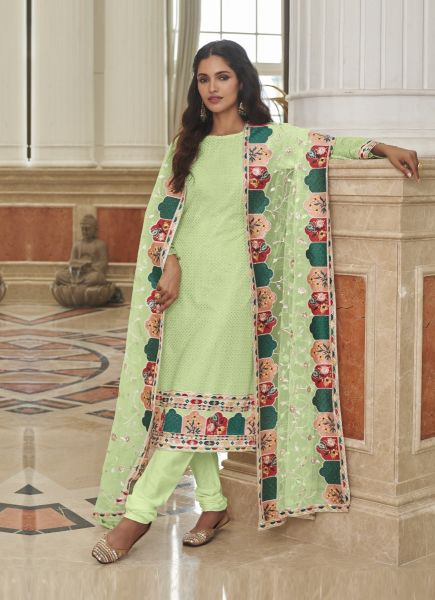 Light Green Georgette With Embroidery, Thread & Sequins-Work Party-Wear Salwar Kameez