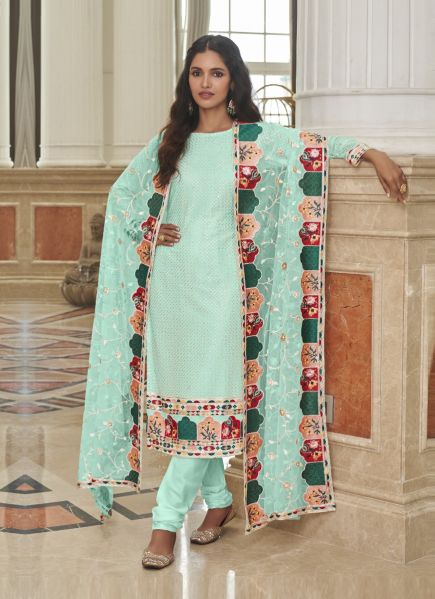 Aqua Georgette With Embroidery, Thread & Sequins-Work Party-Wear Salwar Kameez