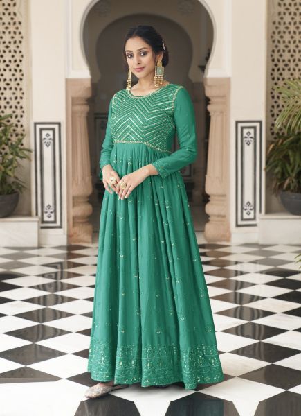 Sea Green Georgette & Chinon Embroidered Party-Wear Anarkali Readymade Salwar Kameez