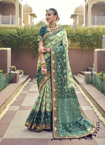 Light Green Patola Silk Handwork Wedding-Wear Bridal Saree
