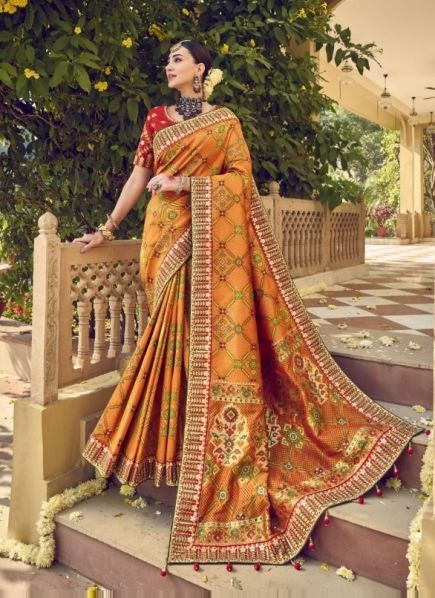 Orange Bhandhej Patola Silk Handwork Wedding-Wear Bridal Saree