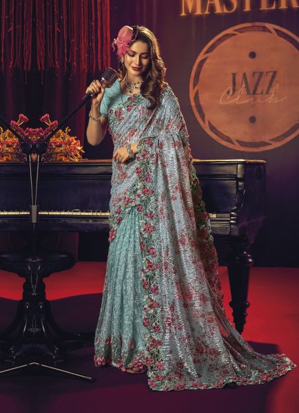 Light Blue Net With Thread, Zari, Sequins & Hand-Work Wedding-Wear Bridal Saree