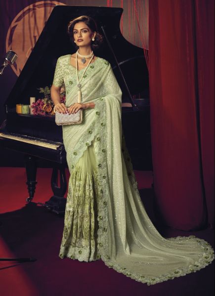 Light Green Net With Thread, Zari, Sequins & Hand-Work Wedding-Wear Bridal Saree