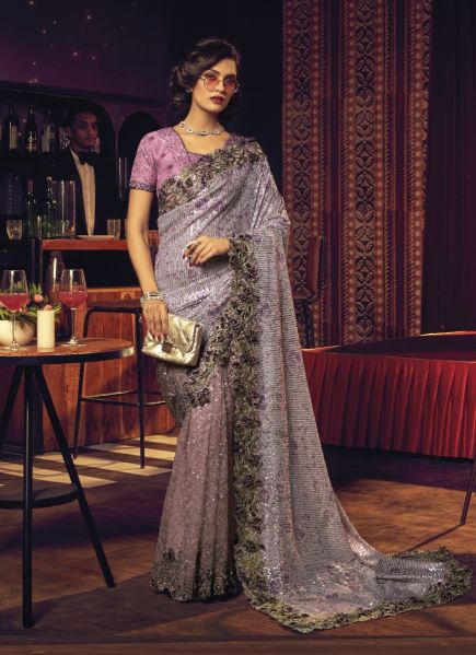 Light Lilac Net With Sequins, Thread, Moti, Zarkan & Hand-Work Wedding-Wear Bridal Saree