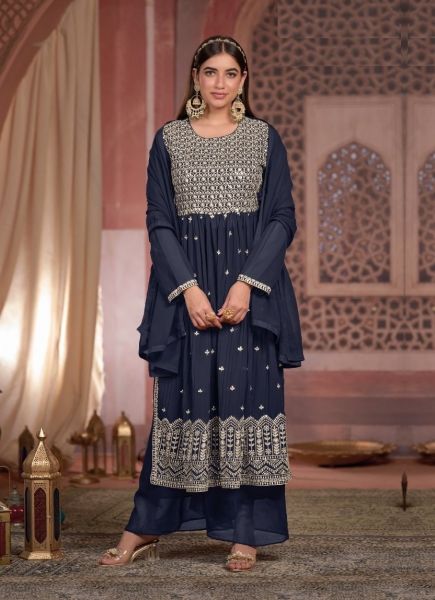 Navy Blue Blooming Georgette Embroidered Nyra-Cut Readymade Salwar Kameez