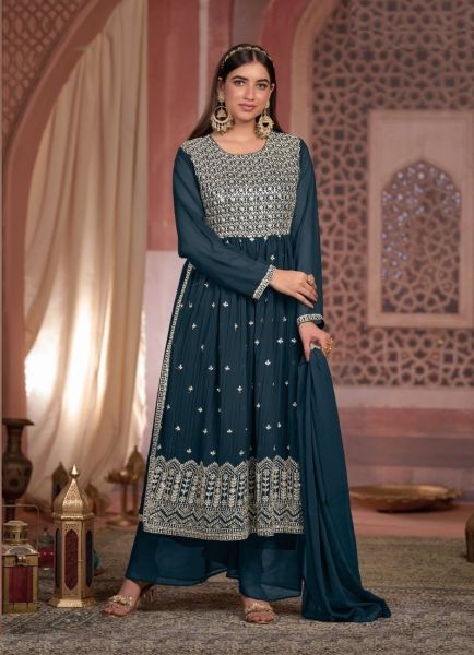 Sea Blue Blooming Georgette Embroidered Nyra-Cut Readymade Salwar Kameez