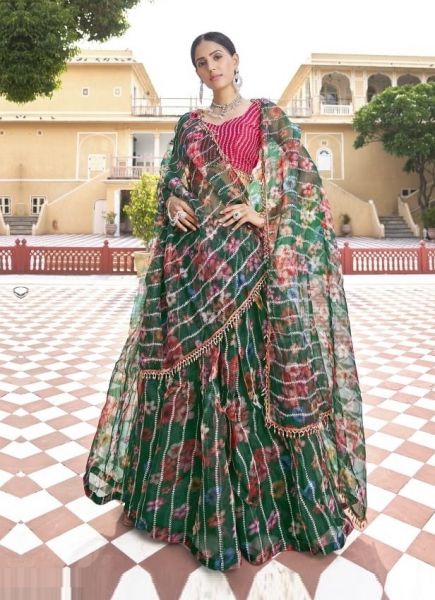 Green Organza With Embroidery, Sequins-Work & Digital Print Party-Wear Lehenga Choli
