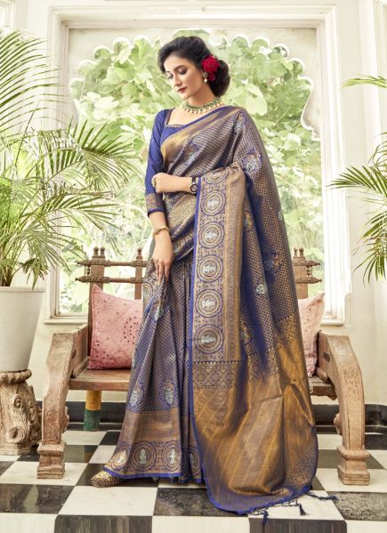 Blue Handloom Weaving Silk Festive-Wear Saree