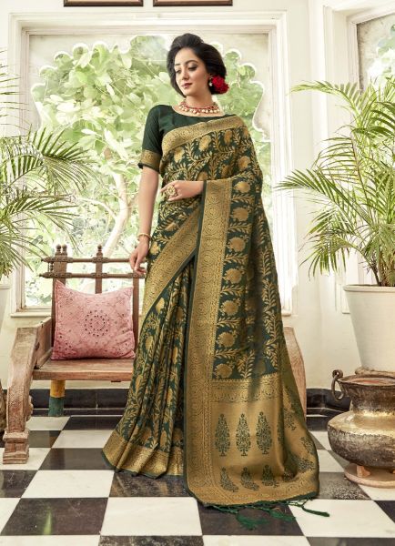 Dark Green Handloom Weaving Silk Festive-Wear Saree