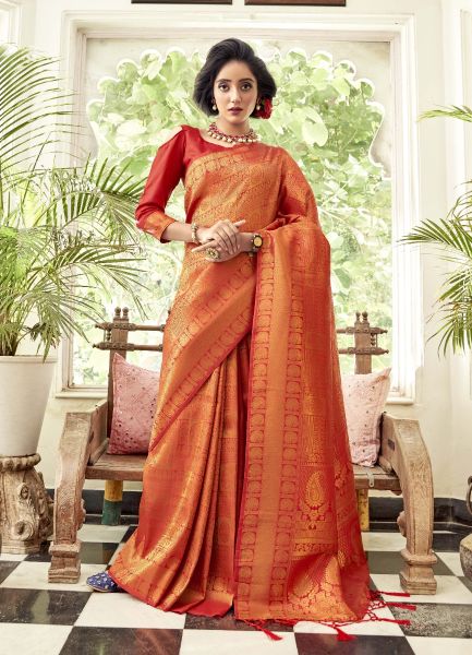 Orange Handloom Weaving Silk Festive-Wear Saree