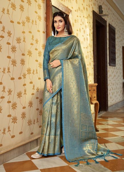 Light Teal Blue Handloom Weaving Silk Festive-Wear Saree