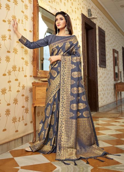 Steel Blue Handloom Weaving Silk Festive-Wear Saree